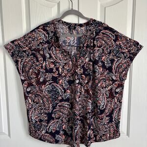 Jones New York Top 3X Nary Blue Red Paisley Cap Sleeve Stretch Curved Hem